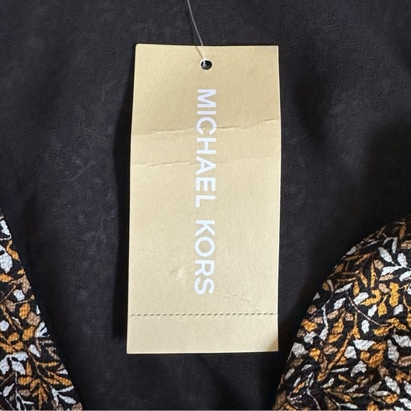 Michael Kors Faux Wrap Tier Ruffle Mini Dress XL NWT Floral Marigold Brown Boho - Picture 8 of 10